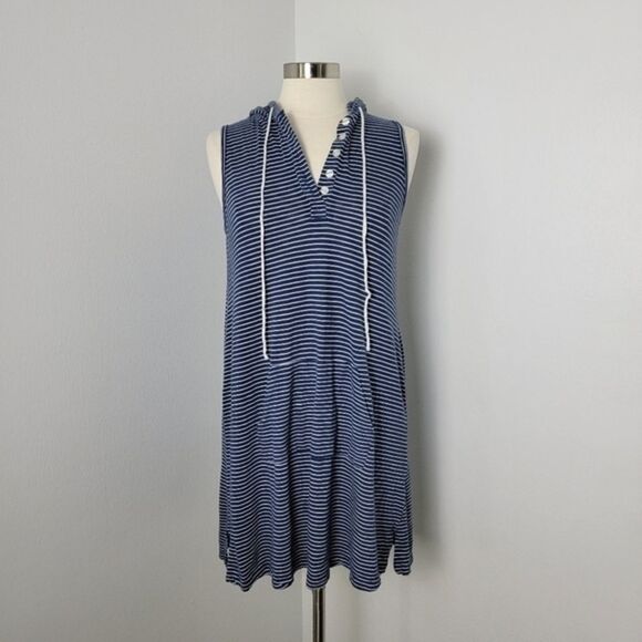 Allen Allen USA Navy Blue & White Striped Sleeveless Hooded Summer Dress Medium - Picture 1 of 9